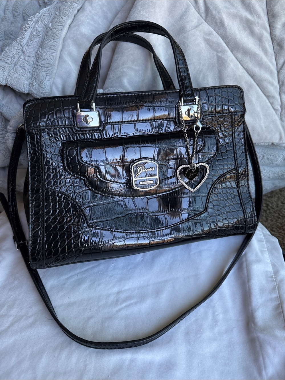 Guess Newlyn Black Croc-Embossed Patent Satchel with Heart Charm
